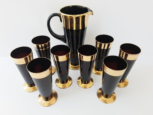 Mid-Century French Black & Golden Glass Pitcher & Glasses, 1950s, Set of 9  for sale at Pamono