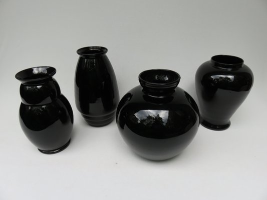 Vintage French Black Glass Vases, Set of 4