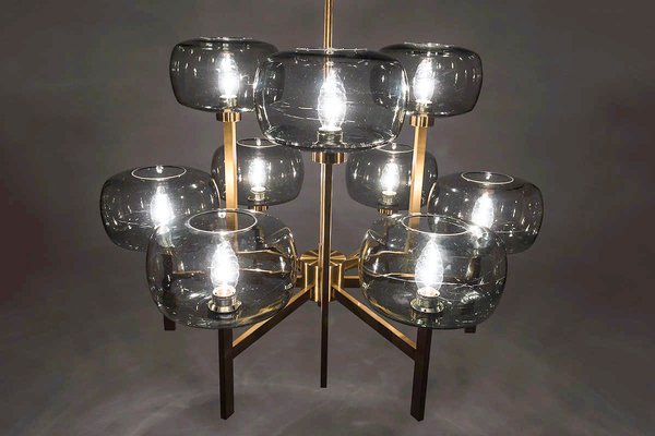 Swedish Chandelier in Brass & Glass by Holger Johansson for Westal Swedish Chandelier in Brass & Glass by Holger Johansson for Westal