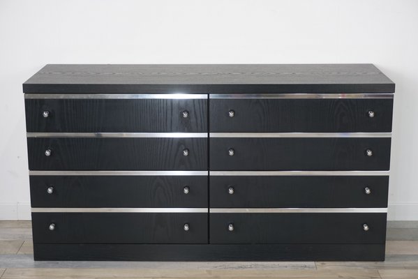 Long Black Vintage Chest Of Drawers With Chrome Details For Sale