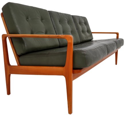 Danish Green Three Seater Leather Sofa By Arne Wahl Iversen 1960s