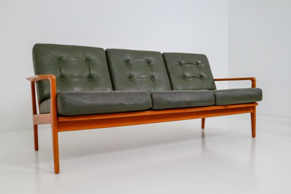 Danish Green Three Seater Leather Sofa By Arne Wahl Iversen 1960s