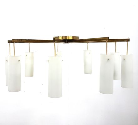 Large Vintage Brass Opaline Glass Chandelier From Kaiser Leuchten Large Vintage Brass Opaline Glass Chandelier From Kaiser Leuchten 4