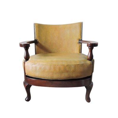 Vintage Mustard Yellow Leather And Wood Tub Chair For Sale At Pamono