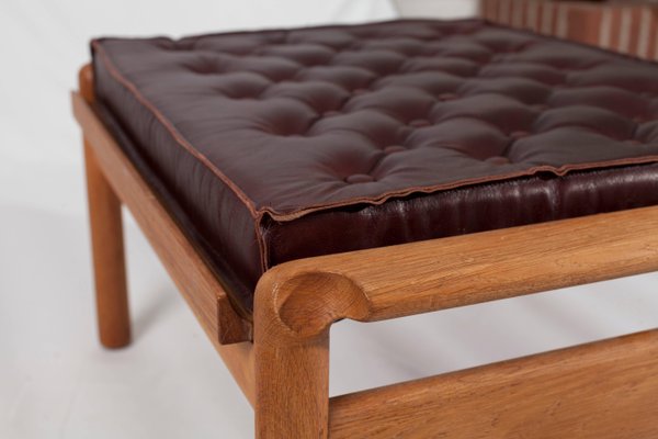 Mid Century Wooden Ottomans With, Leather And Wood Ottoman