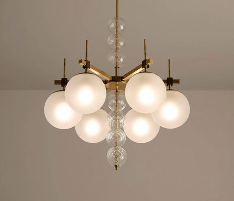 Large Vintage Chandelier in Frosted Glass & Brass, 1970s Large Vintage Chandelier in Frosted Glass & Brass, 1970s