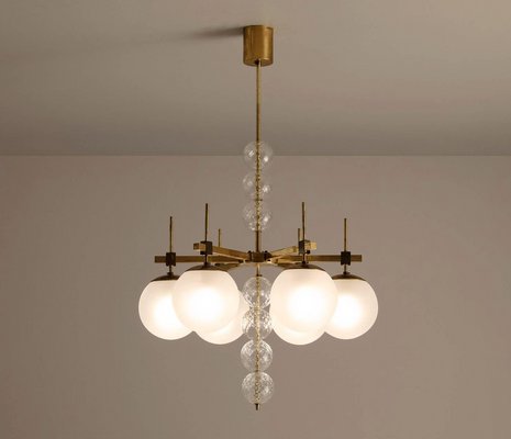 Large Vintage Chandelier in Frosted Glass & Brass, 1970s Large Vintage Chandelier in Frosted Glass & Brass, 1970s