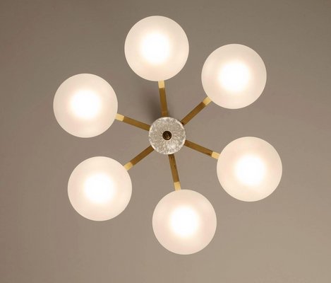 Large Vintage Chandelier in Frosted Glass & Brass, 1970s Large Vintage Chandelier in Frosted Glass & Brass, 1970s