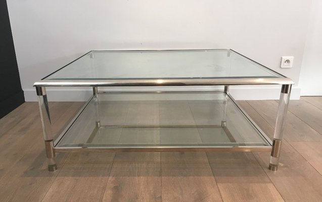 Square Chrome and Acrylic Glass Coffee Table 1970s