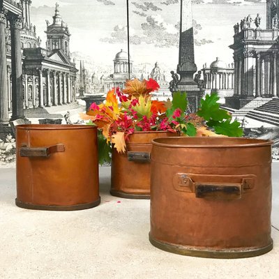 Large Antique Copper Fireplace Log Holders 1850s Set of 3 for