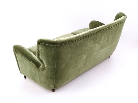 Italian Olive Green Velvet Sofa With Ebonized Wood Feet 1950s For