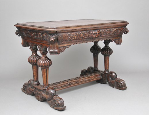 Antique Carved Oak Writing Table With Drawer For At Pamono Antique Carved Oak Writing Table With Drawer 2