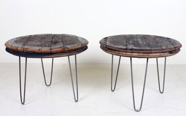 Industrielle Vintage Couchtische Aus Eiche Mit Whiskey Fassdeckeln