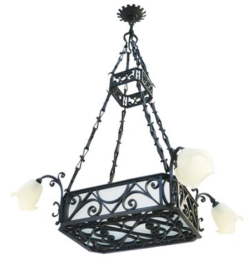 Large Antique Wrought Iron And Frosted Glass Chandelier For At Large Antique Wrought Iron And Frosted Glass Chandelier 3