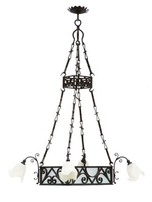 Large Antique Wrought Iron And Frosted Glass Chandelier For At Large Antique Wrought Iron And Frosted Glass Chandelier 1
