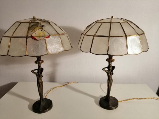 Art Deco Bronze Table Lamps Set Of 2, Mother Of Pearl Table Lamp Set