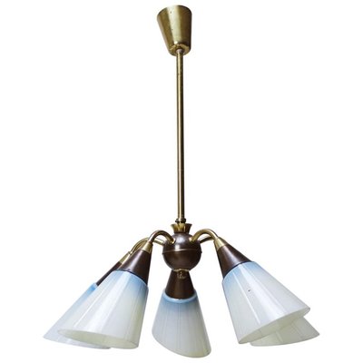 Hungarian Brass Glass Five Arm Chandelier 1950s For Sale At Pamono