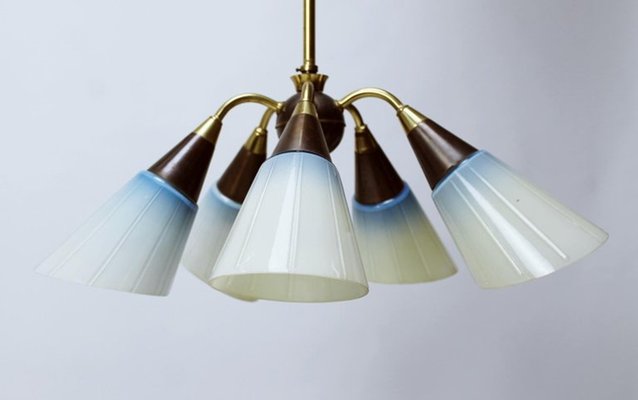 Hungarian Brass Glass Five Arm Chandelier 1950s For Sale At Pamono