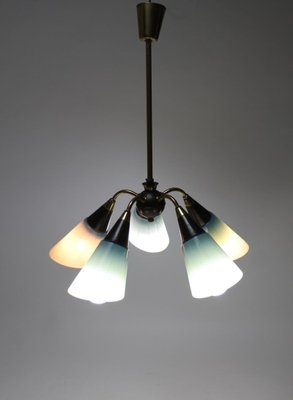 Hungarian Brass Glass Five Arm Chandelier 1950s