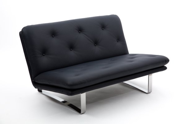 Dark Blue Leather 2 Seater Sofa By Kho Liang Ie For Artifort