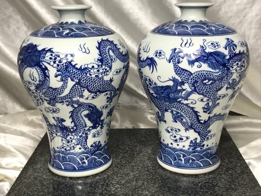 Chinese Blue White Dragon Porcelain Vases 1970s Set Of 2 For