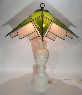 Vintage Alabaster And Glass Table Lamps, Stained Glass Table Lamp Set