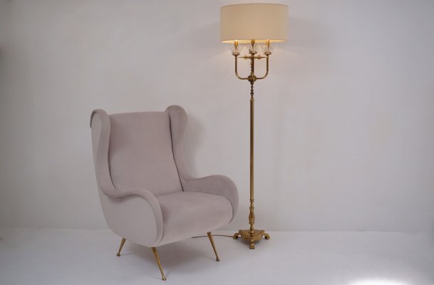 Vintage French Brass Crystal Floor Lamp 1940s