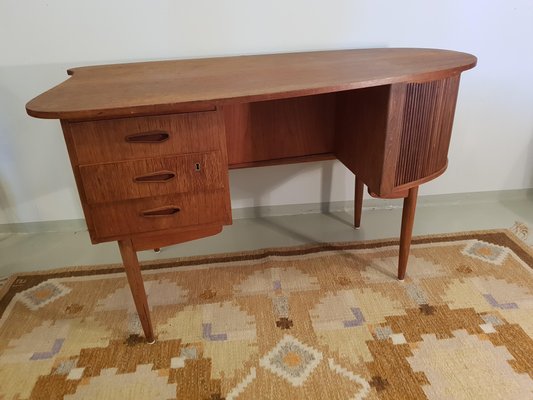 Danish Kidney Shaped Teak Desk With Tambour Door 1960s For Sale