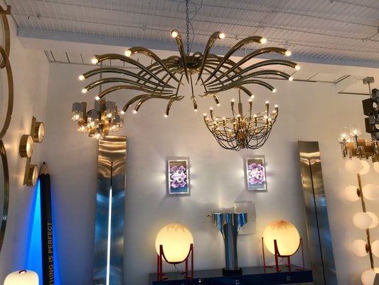 Italian Brass Ceiling Chandelier By Oscar Torlasco For Lumi 1960s