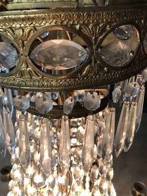 Large Antique Belgian Brass Chandelier with Crystal Glass Prisms Large Antique Belgian Brass Chandelier with Crystal Glass Prisms