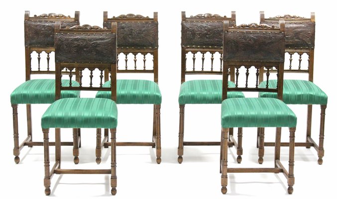 Antique Italian Oak Leather Dining Chairs 1890s Set Of 6 For
