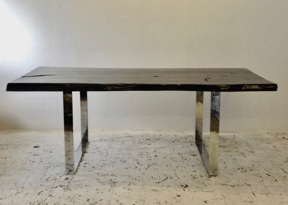 Tavolo Vintage In Acciaio Cromato E In Legno Massiccio Anni 80
