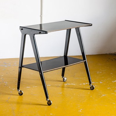 Mid Century French Wood Brass Side Table With Wheels 1960s For Sale At Pamono