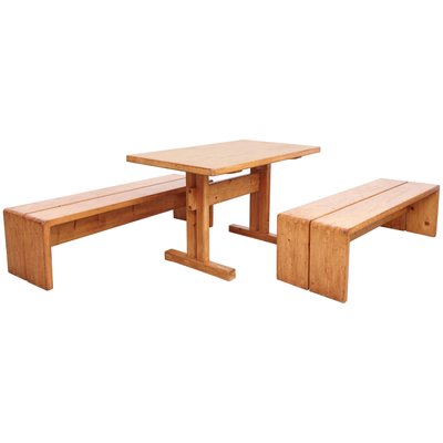 Vintage Pine Table And 2 Benches By Charlotte Perriand 1960s For