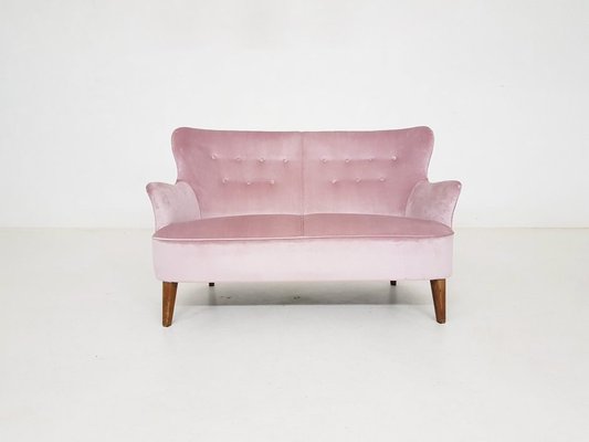 Dutch Pink Velvet 2 Seater Sofa By Theo Ruth For Artifort 1940s
