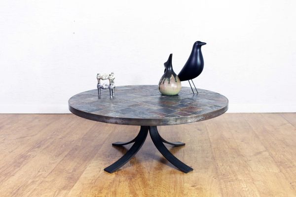 Mid Century Steel Slate And Stone Coffee Table For Sale At Pamono