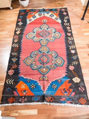 Mid Century Turkish Black Red Sheep Wool Hand Woven Kilim Rug