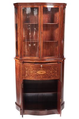 Antique Mahogany Inlaid Serpentine Shaped Secretaire Bookcase For