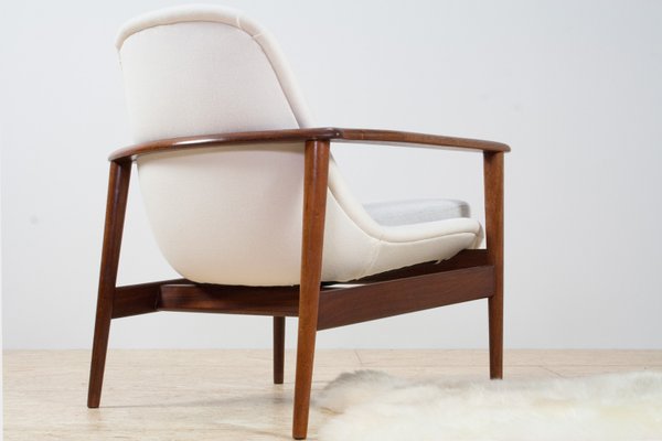 Scandinavian Modern Teak White Grey Fabric Lounge Chair From Ope 1960s