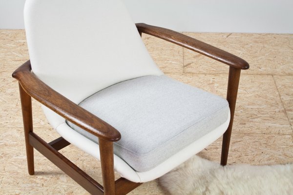 Scandinavian Modern Teak White Grey Fabric Lounge Chair From Ope 1960s