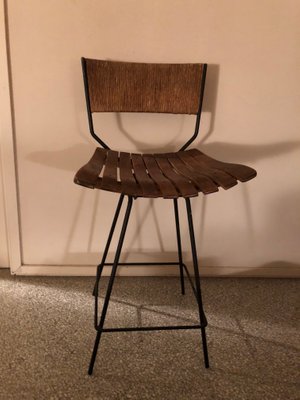 Rush Wood Iron Swivel Bar Stool By Arthur Umanoff 1950s Rush Wood Iron Swivel Bar Stool By Arthur Umanoff 1950s