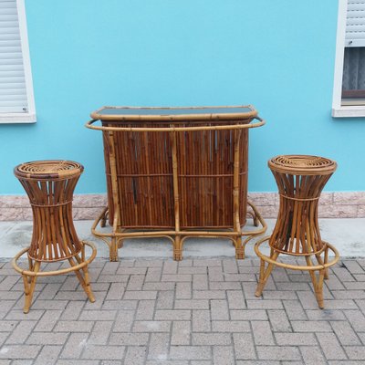 Rattan Tiki Bar 2 Stools From Vittorio Bonacina 1960s