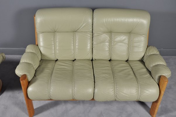 Vintage Montana Teak Leather Loveseat Ottoman From Ekornes 1970s