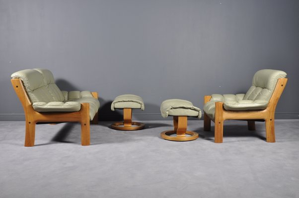 Vintage Montana Teak Leather Loveseat Ottoman From Ekornes 1970s