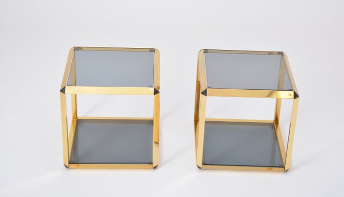 Pair Of Gold Rimmed Glass Side Tables By Alberto Rosselli For Saporiti 1972