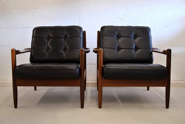 Mid Century Scandinavian Wood Black, Leather Arm Chairs