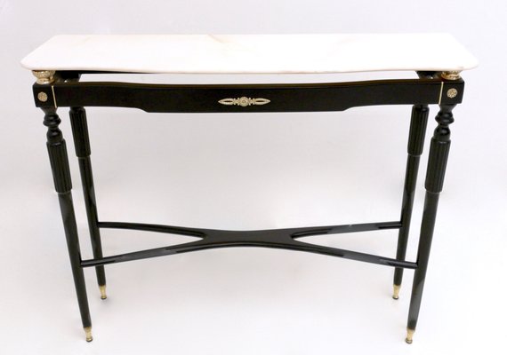 Mid Century Wooden And Pink Marble Console Table