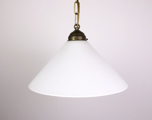 German Brass White Glass Pendant Lamp 1940s