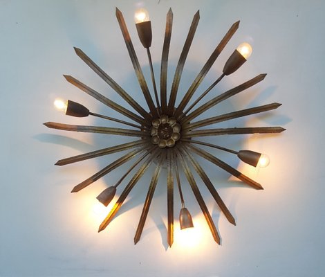 Large Spanish Gilded Metal Sunburst Flush Mount Light 1960s