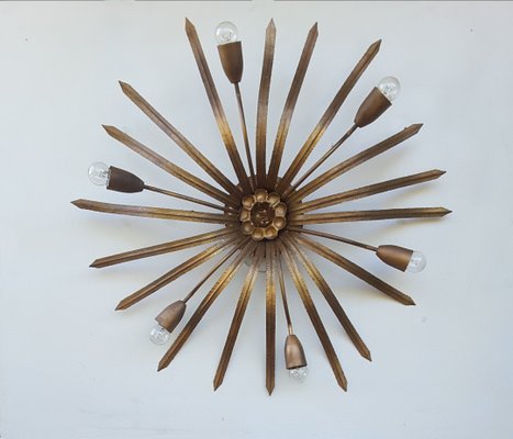 Large Spanish Gilded Metal Sunburst Flush Mount Light 1960s